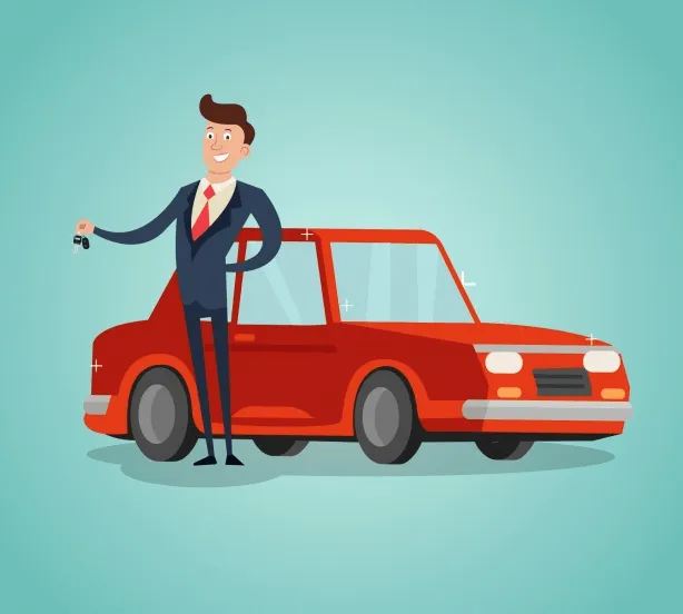 Illustration d’un vendeur de concession automobile tendant les clés d’une voiture