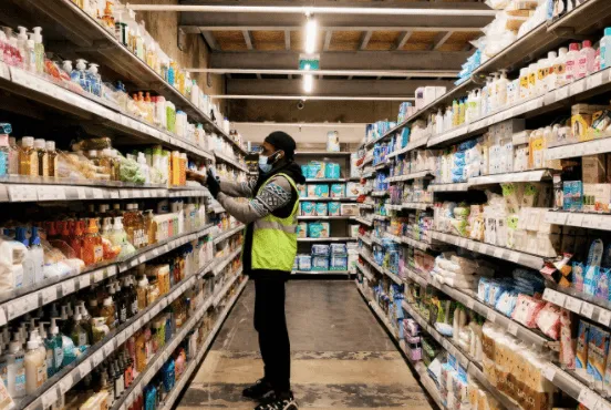 Préparateur de commandes dans une allée de dark store