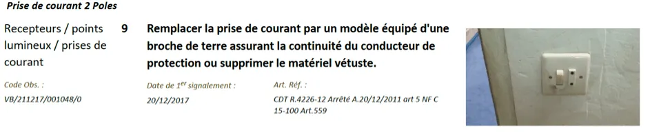 Extrait de rapport de bureau de contrôle : prise de courant sans terre à remplacer, avec sa photo
