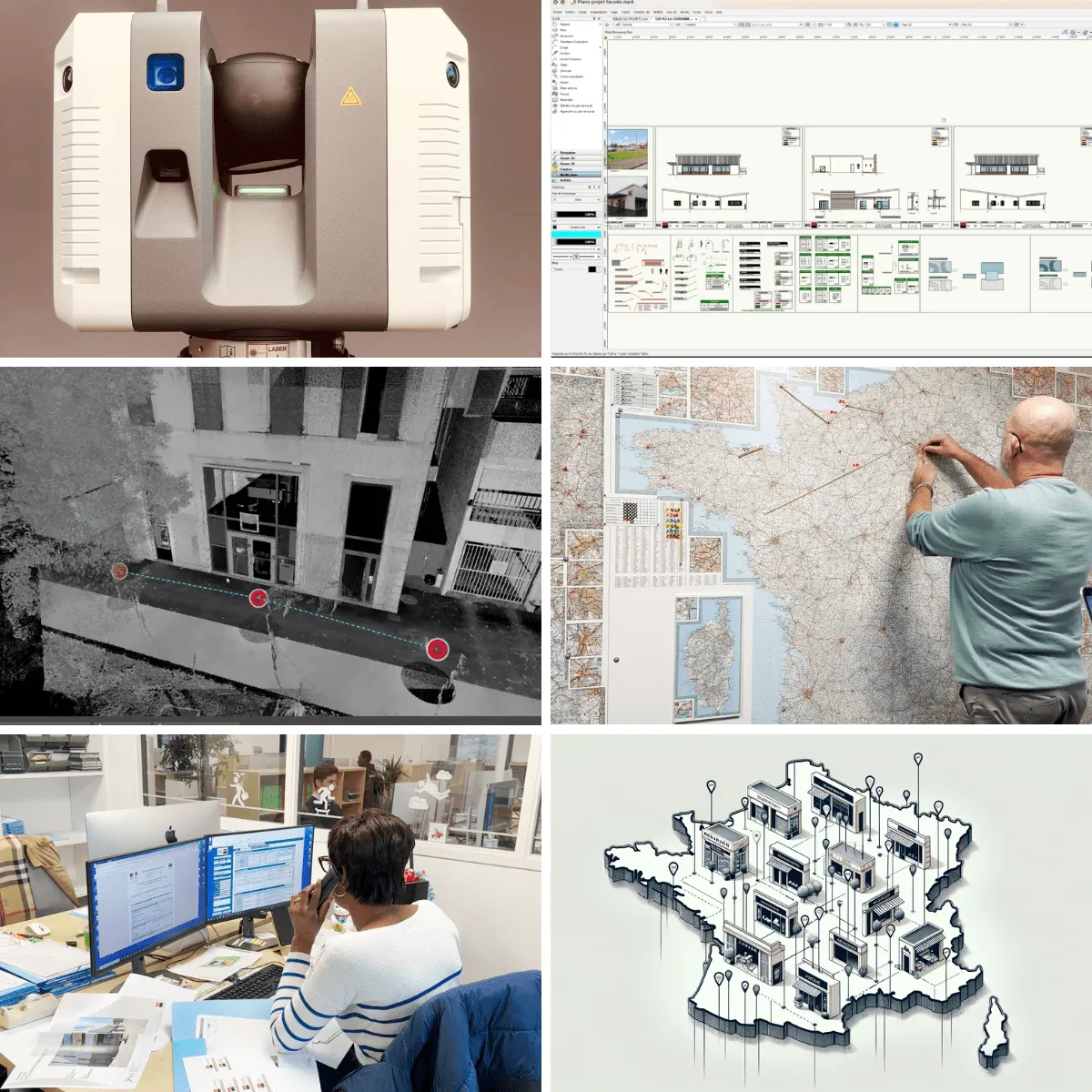 Étapes d’un déploiement d’enseignes : relevé au scanner 3D, plans de façade, nuage de points et carte des sites