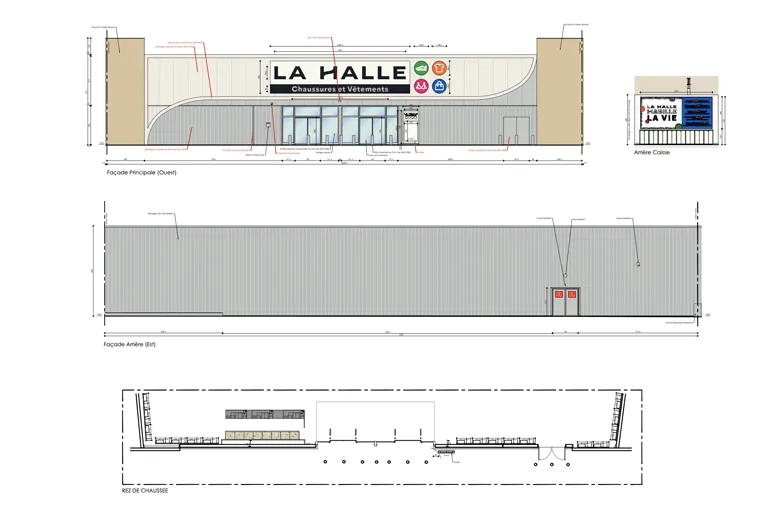 Plan projet d’un magasin La Halle : façade principale, façade arrière et rez-de-chaussée